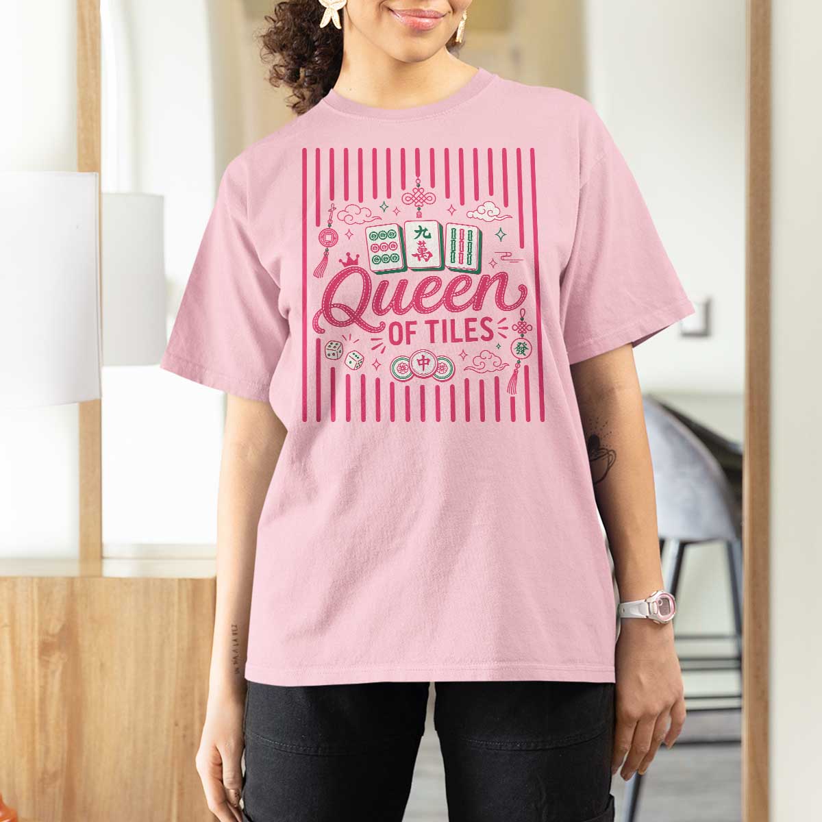 Queen Of Tiles Pink Mahjong Lover Game Night Graphic T Shirt For Women