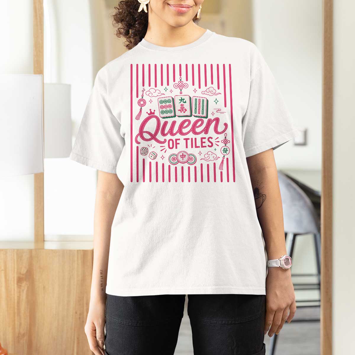 Queen Of Tiles Pink Mahjong Lover Game Night Graphic T Shirt For Women