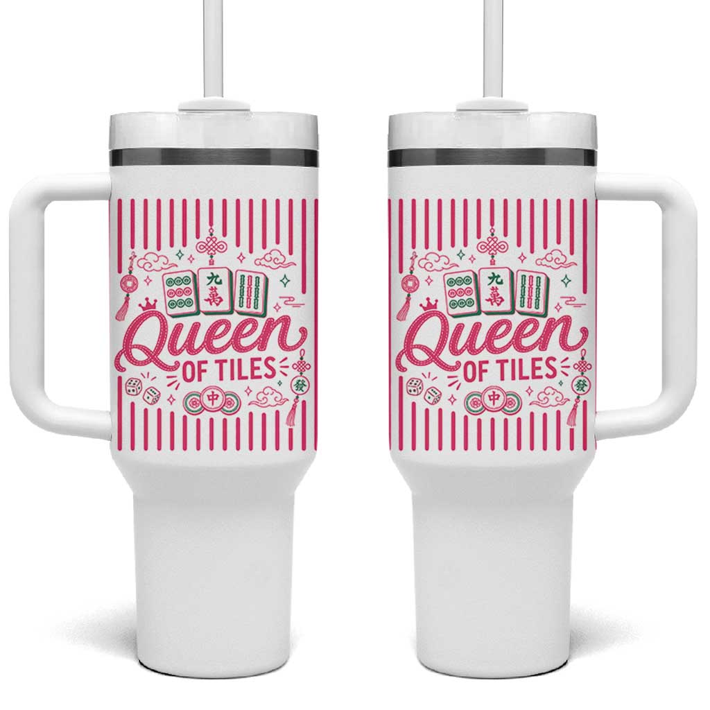 Queen Of Tiles Pink Mahjong Lover Game Night Graphic Tumbler With Handle