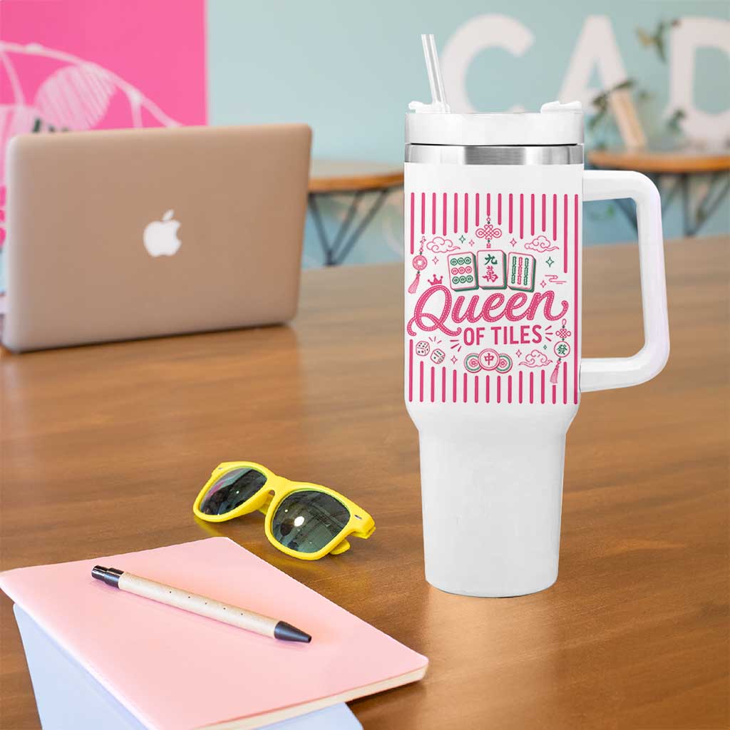 Queen Of Tiles Pink Mahjong Lover Game Night Graphic Tumbler With Handle