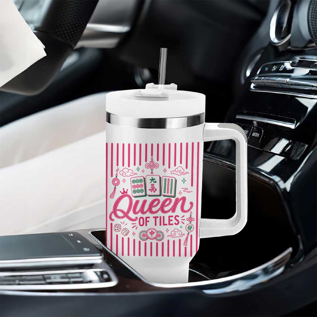 Queen Of Tiles Pink Mahjong Lover Game Night Graphic Tumbler With Handle