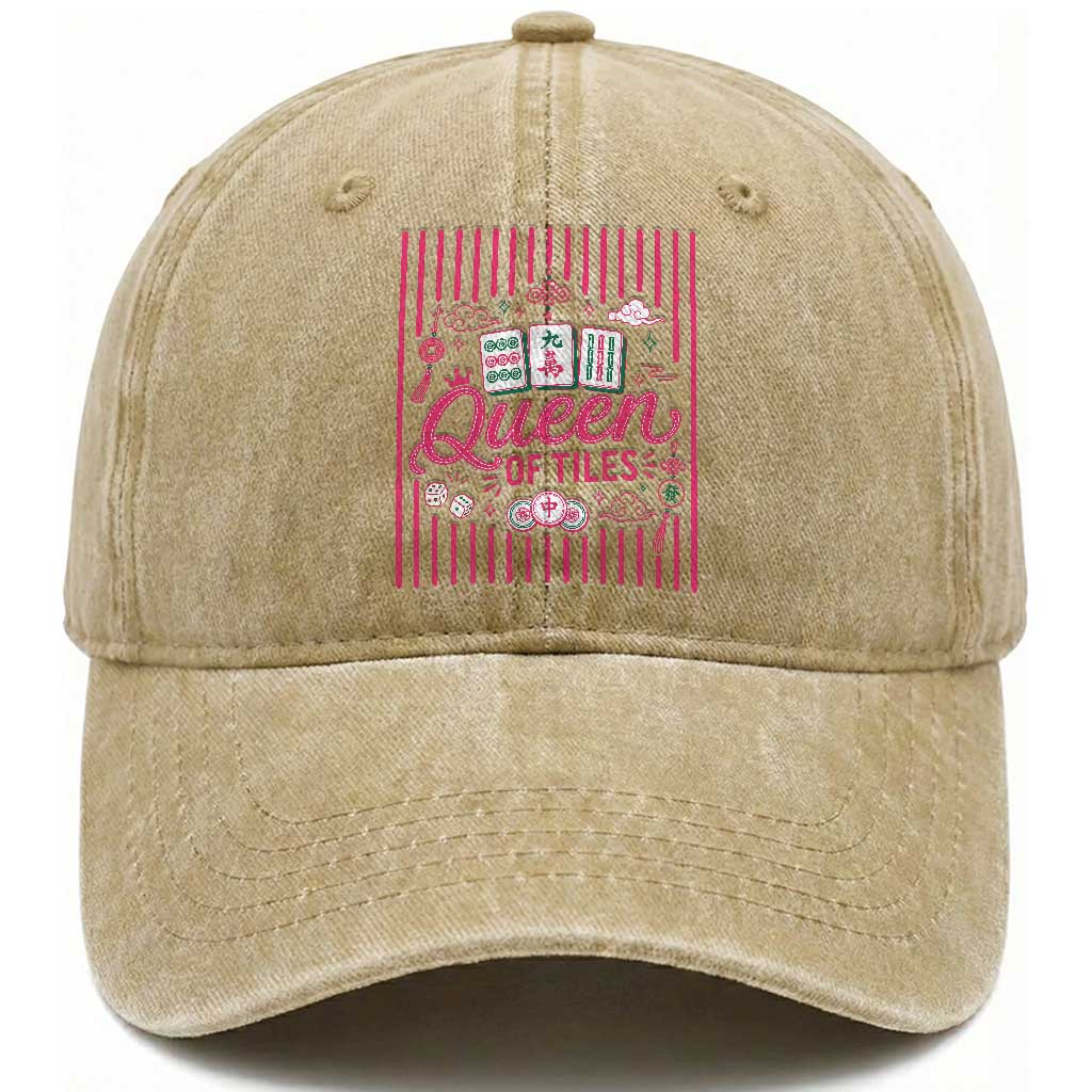 Queen Of Tiles Pink Mahjong Lover Game Night Graphic Washed Cotton Baseball Cap