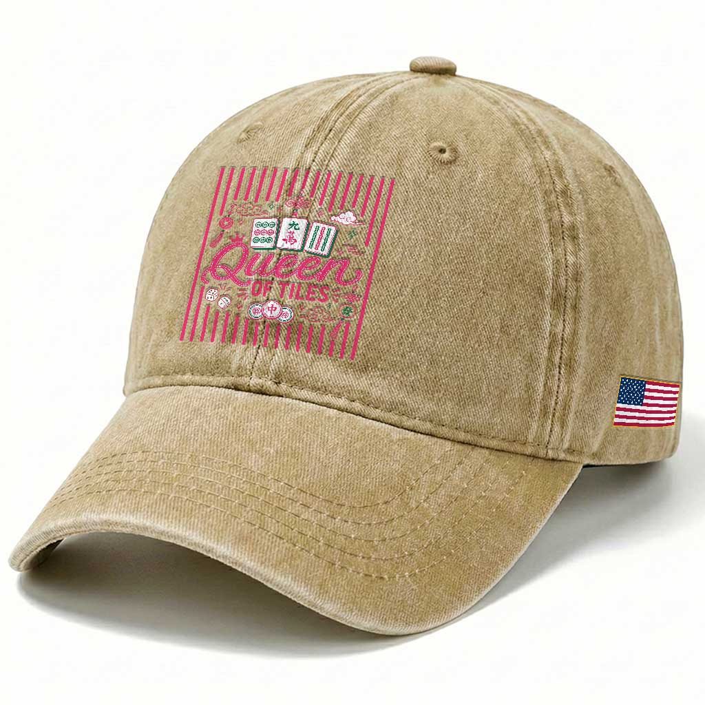 Queen Of Tiles Pink Mahjong Lover Game Night Graphic Washed Cotton Baseball Cap