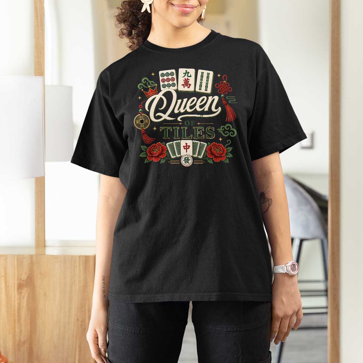 Mahjong Lovers T Shirt For Women Queen Of Tiles Game Night Graphic