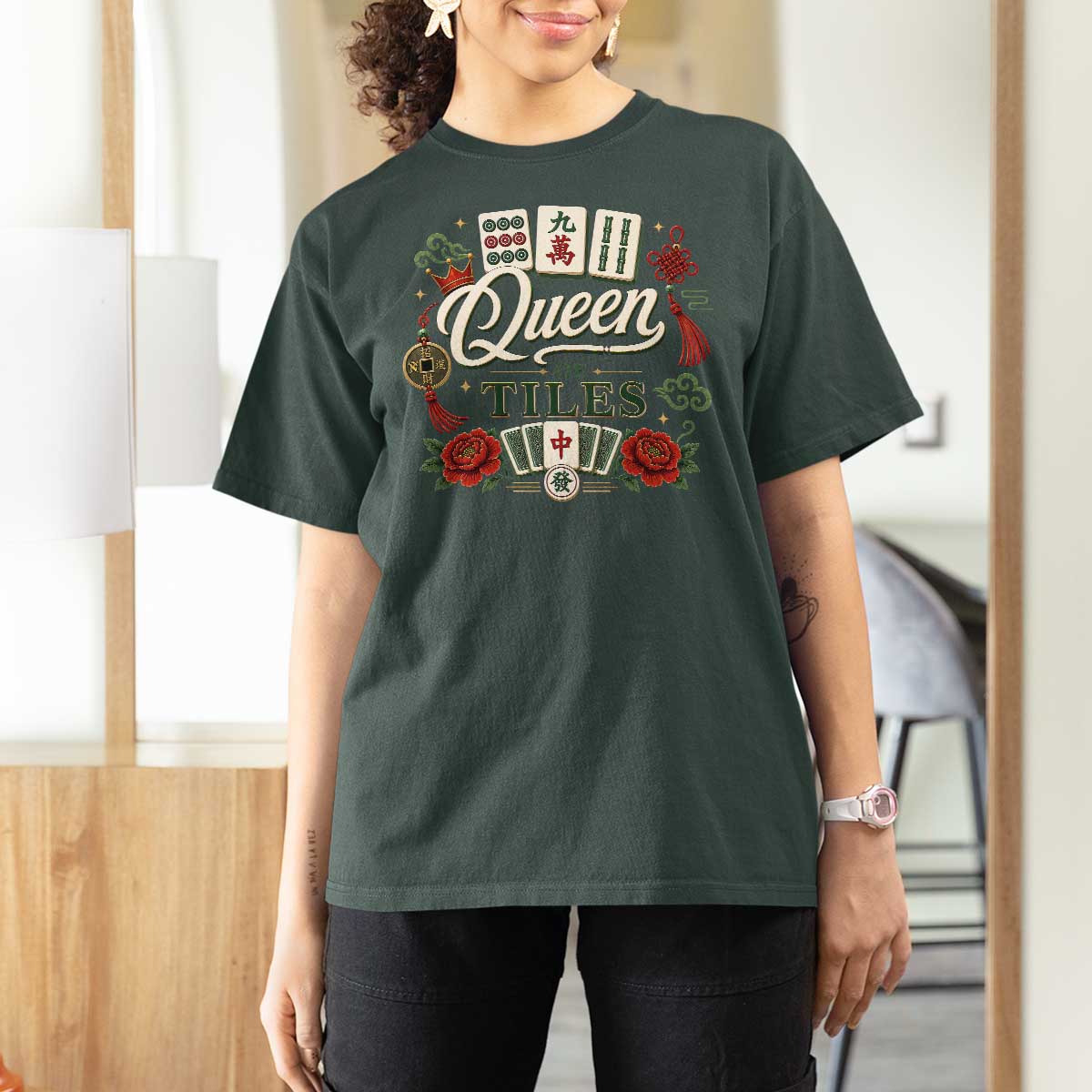 Mahjong Lovers T Shirt For Women Queen Of Tiles Game Night Graphic