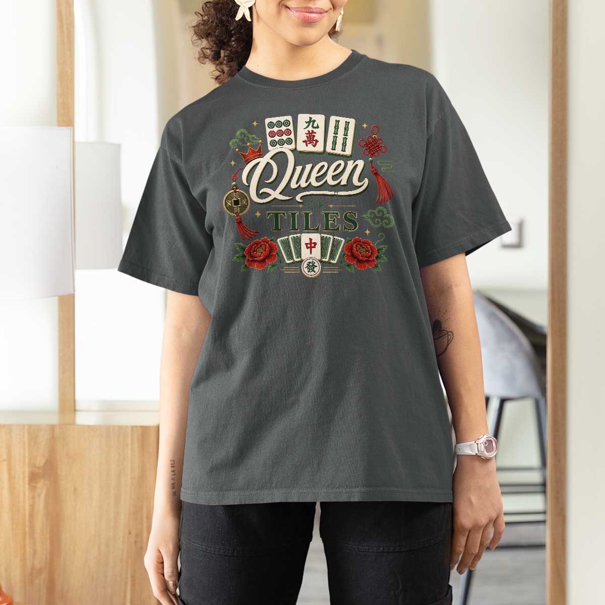 Mahjong Lovers T Shirt For Women Queen Of Tiles Game Night Graphic
