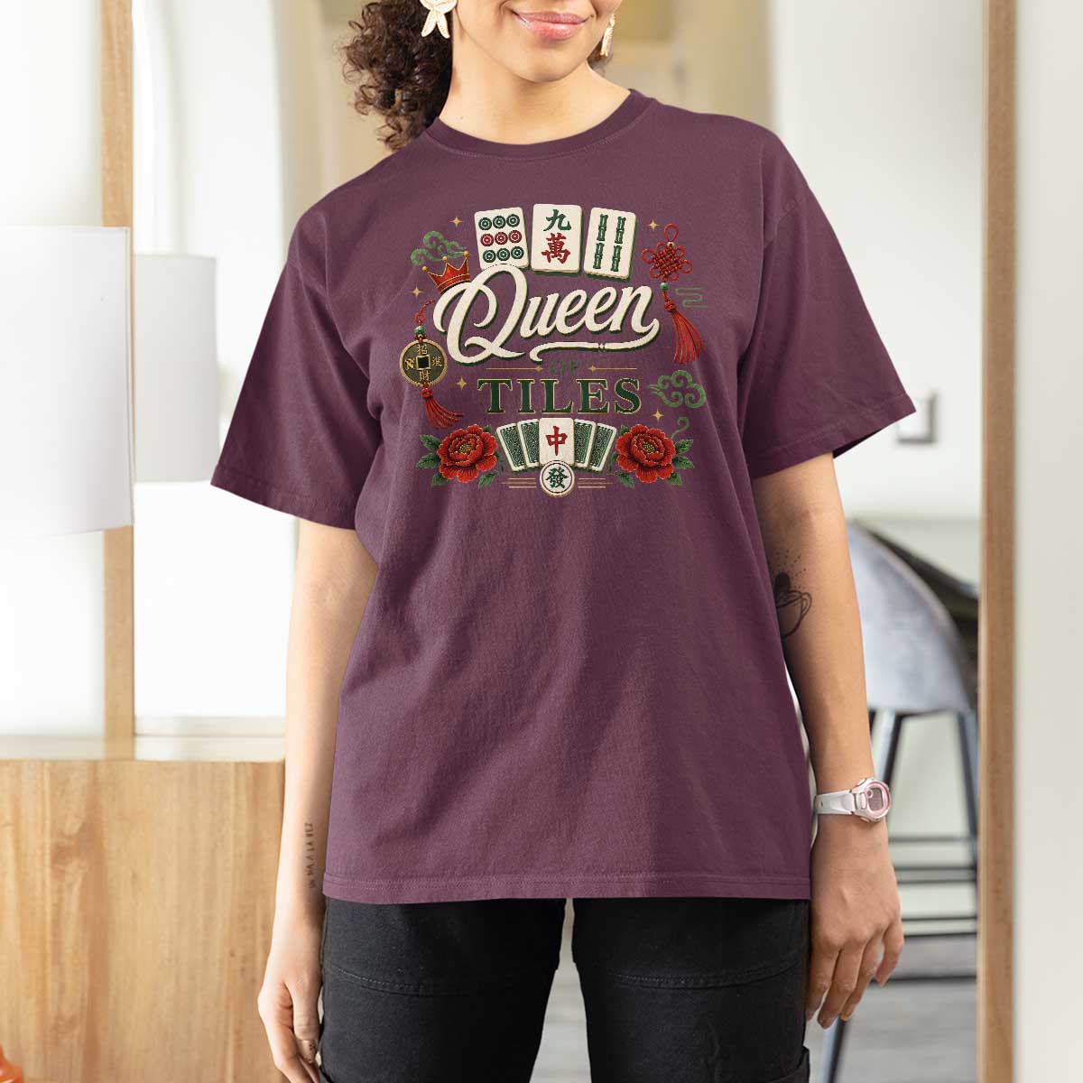 Mahjong Lovers T Shirt For Women Queen Of Tiles Game Night Graphic