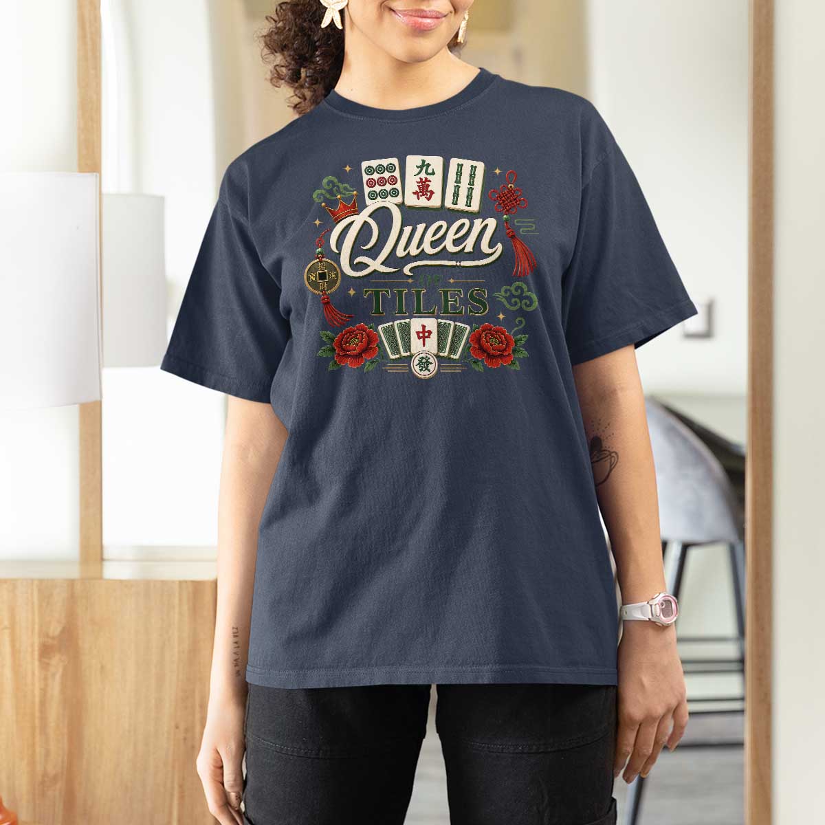 Mahjong Lovers T Shirt For Women Queen Of Tiles Game Night Graphic