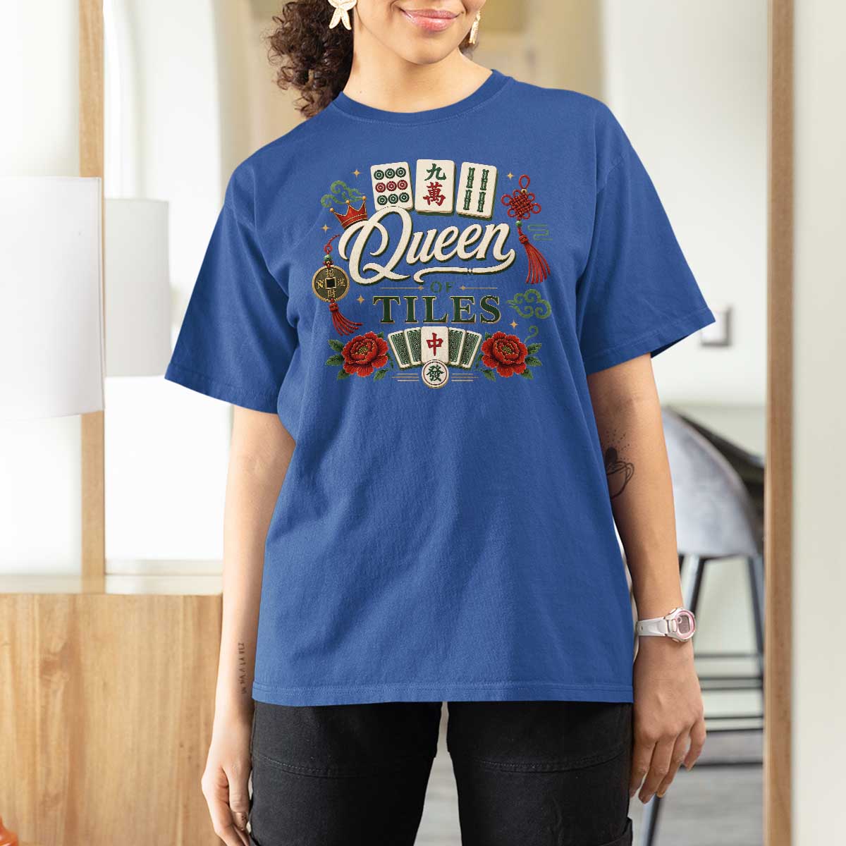 Mahjong Lovers T Shirt For Women Queen Of Tiles Game Night Graphic