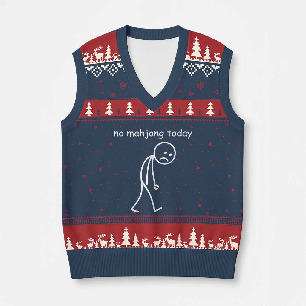 Funny Mahjong Lover V-Neck Knit Sweater Vest No Mahjong Today Sad Stickman Meme Graphic