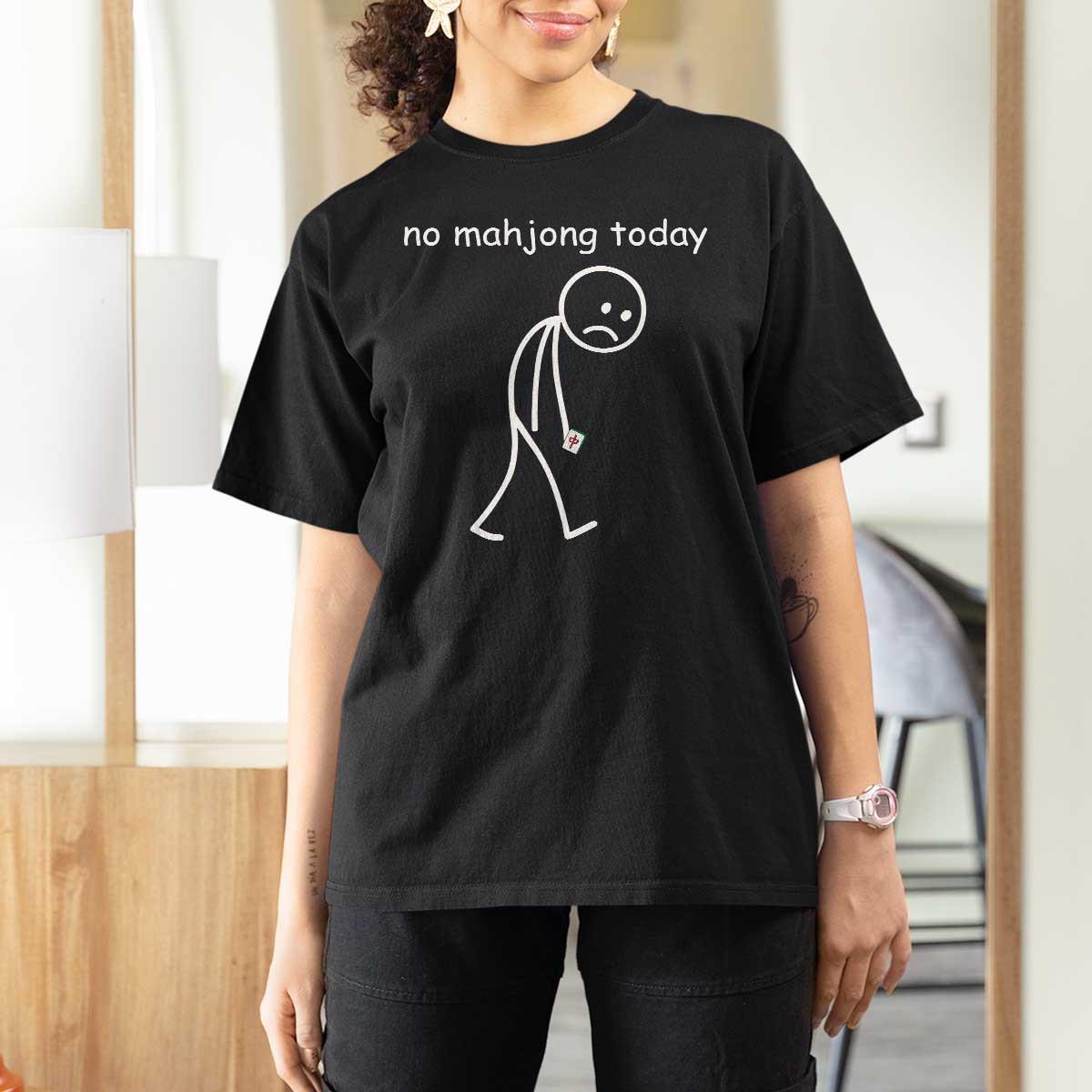 Funny Mahjong Lover T Shirt For Women No Mahjong Today Sad Stickman Meme Graphic