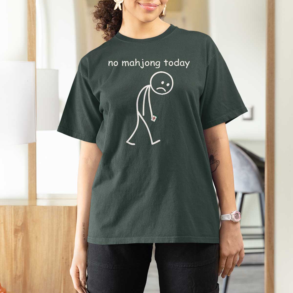 Funny Mahjong Lover T Shirt For Women No Mahjong Today Sad Stickman Meme Graphic