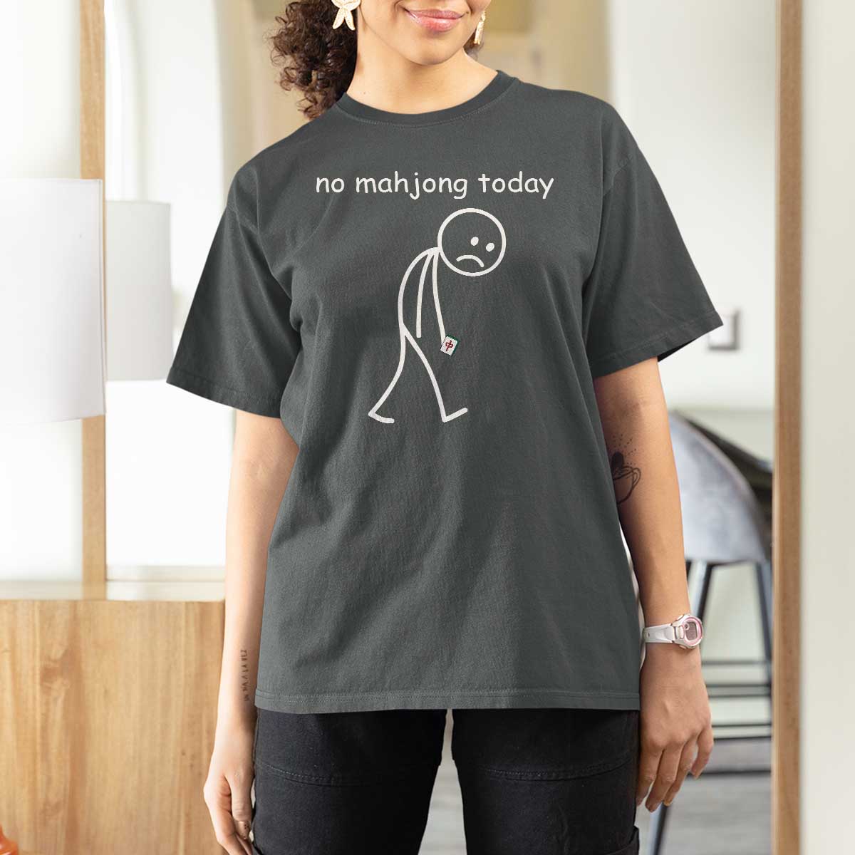 Funny Mahjong Lover T Shirt For Women No Mahjong Today Sad Stickman Meme Graphic
