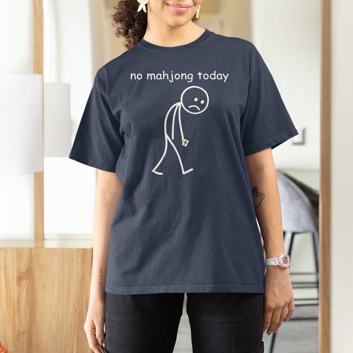 Funny Mahjong Lover T Shirt For Women No Mahjong Today Sad Stickman Meme Graphic