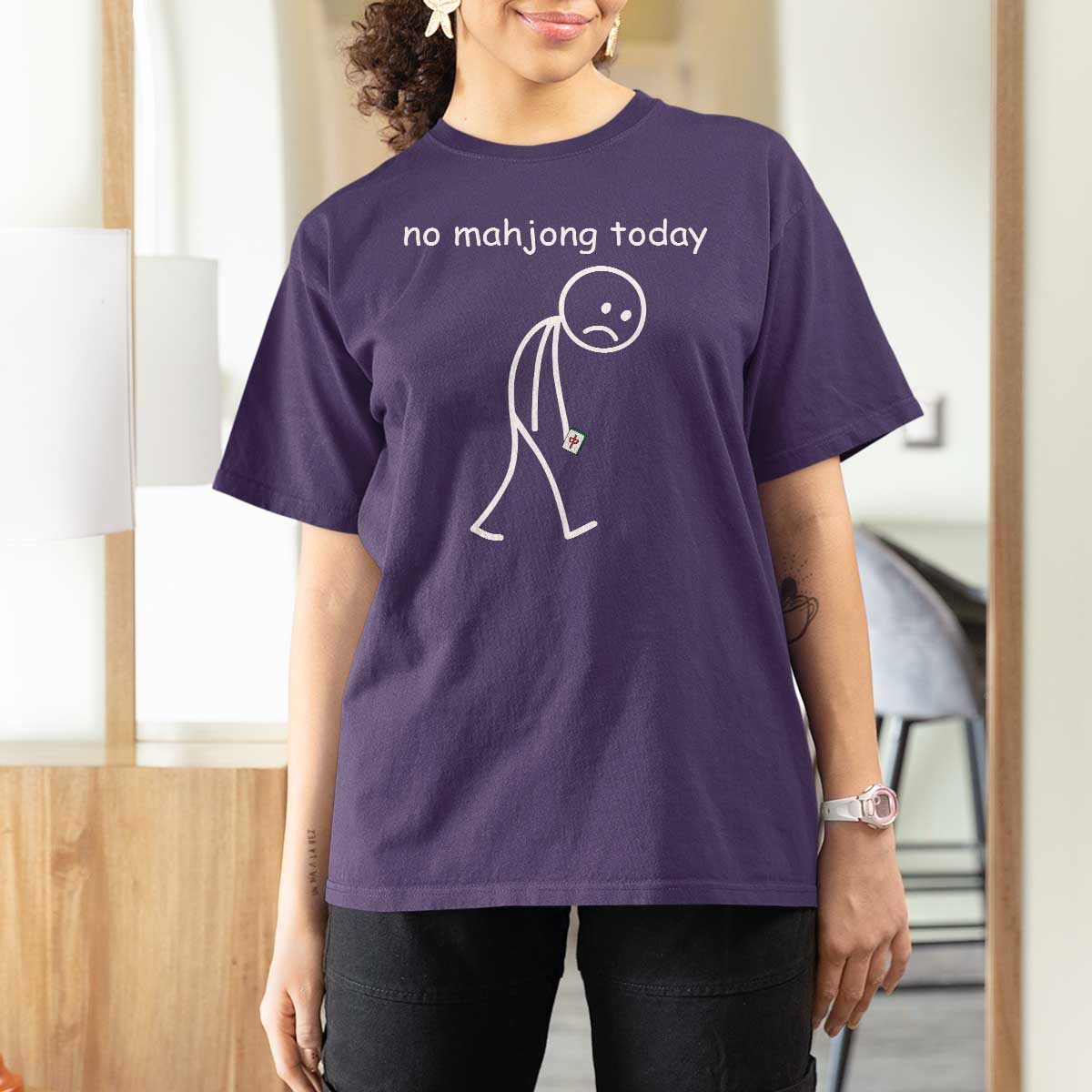 Funny Mahjong Lover T Shirt For Women No Mahjong Today Sad Stickman Meme Graphic
