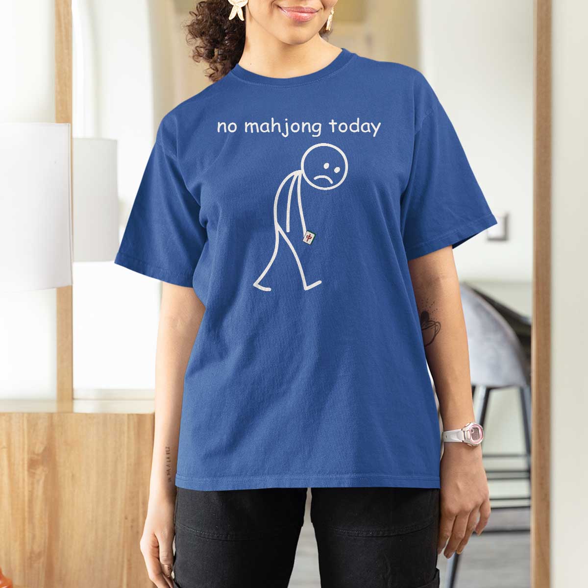 Funny Mahjong Lover T Shirt For Women No Mahjong Today Sad Stickman Meme Graphic