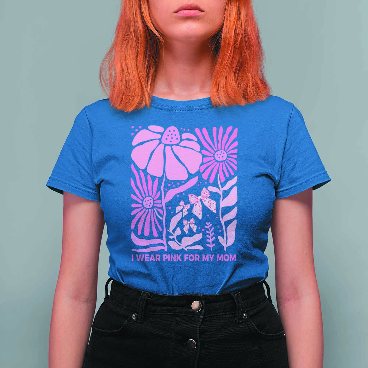 Breast Cancer Awareness T Shirt For Women I Wear Pink For My Mom Boho Floral Pink Ribbon - Wonder Print Shop