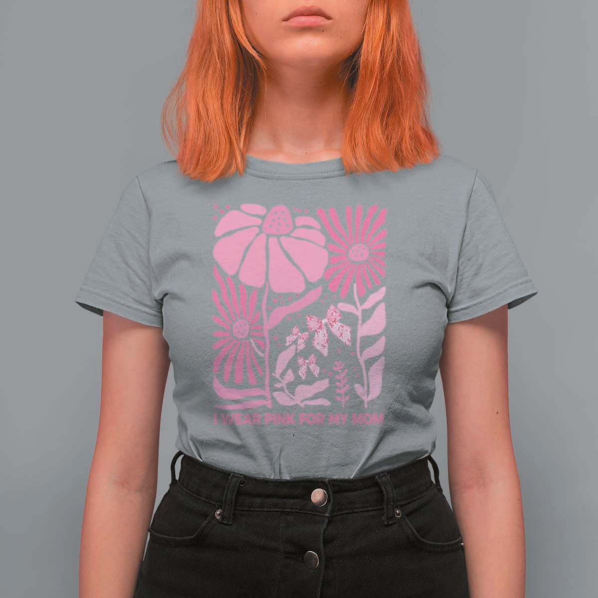 Breast Cancer Awareness T Shirt For Women I Wear Pink For My Mom Boho Floral Pink Ribbon - Wonder Print Shop