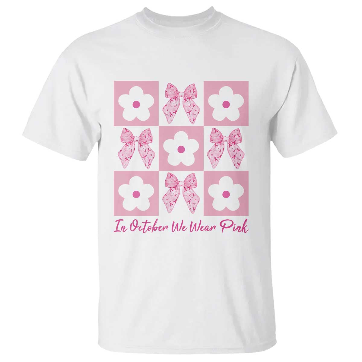 Breast Cancer Awareness Month T Shirt In October We Wear Pink Coquette Bow Boho Floral Gift For Mom - Wonder Print Shop