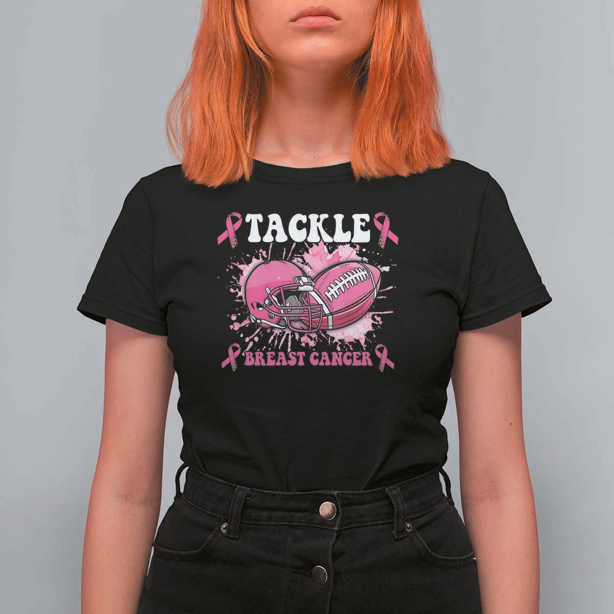 Tackle Football Breast Cancer Awareness T Shirt For Women Pink Ribbon Boys Kid - Wonder Print Shop