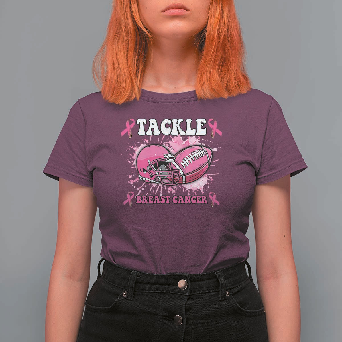 Tackle Football Breast Cancer Awareness T Shirt For Women Pink Ribbon Boys Kid - Wonder Print Shop