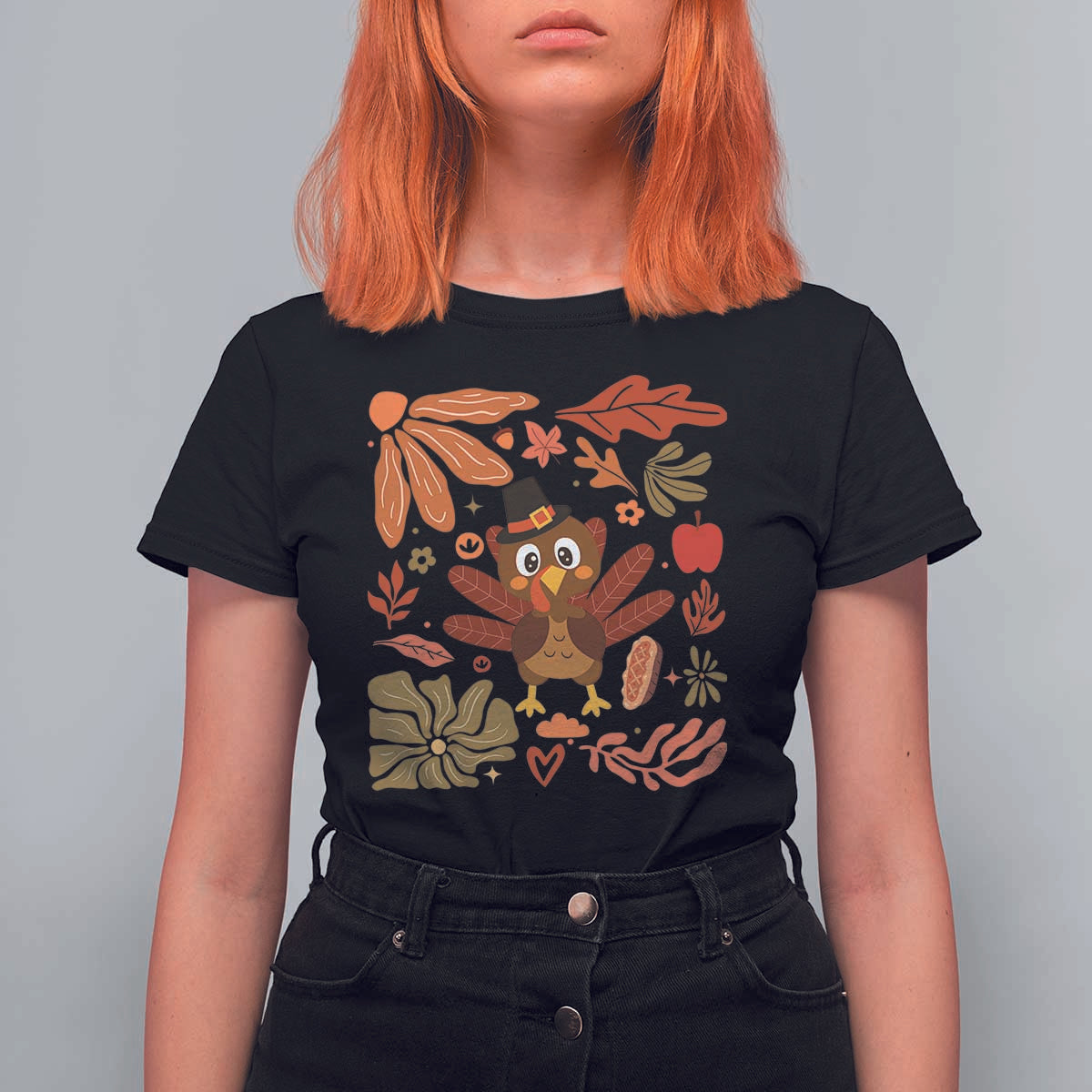Thanksgiving Turkey T Shirt For Women Retro Boho Floral Fall - Wonder Print Shop