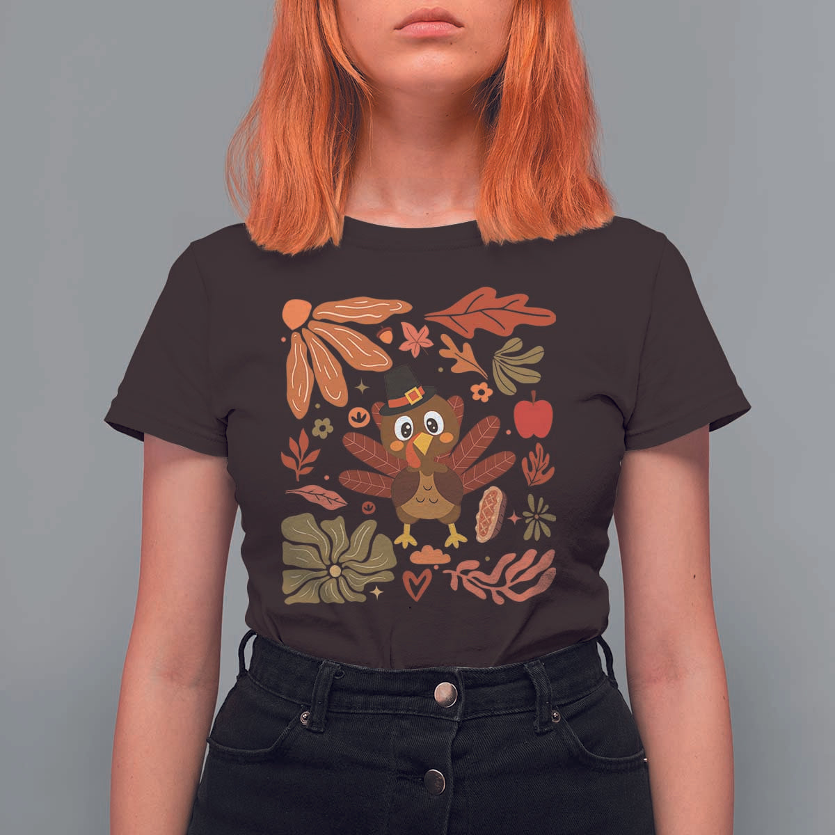 Thanksgiving Turkey T Shirt For Women Retro Boho Floral Fall - Wonder Print Shop