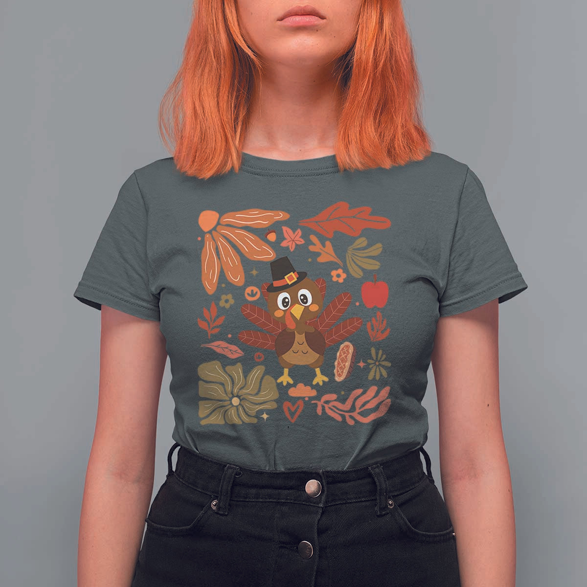 Thanksgiving Turkey T Shirt For Women Retro Boho Floral Fall - Wonder Print Shop