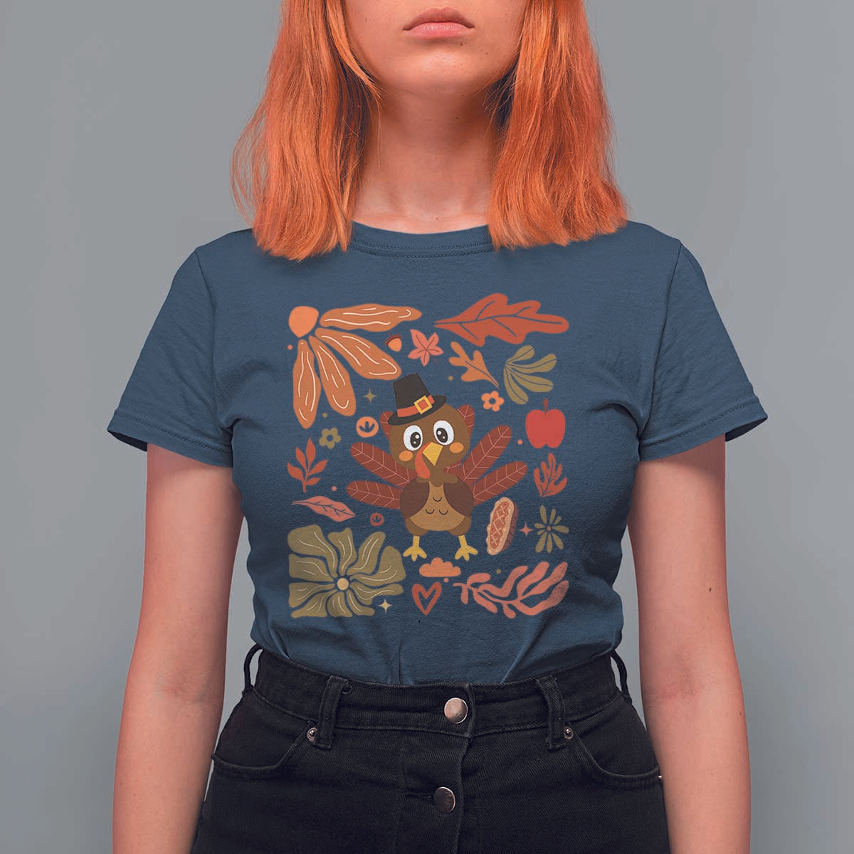 Thanksgiving Turkey T Shirt For Women Retro Boho Floral Fall - Wonder Print Shop