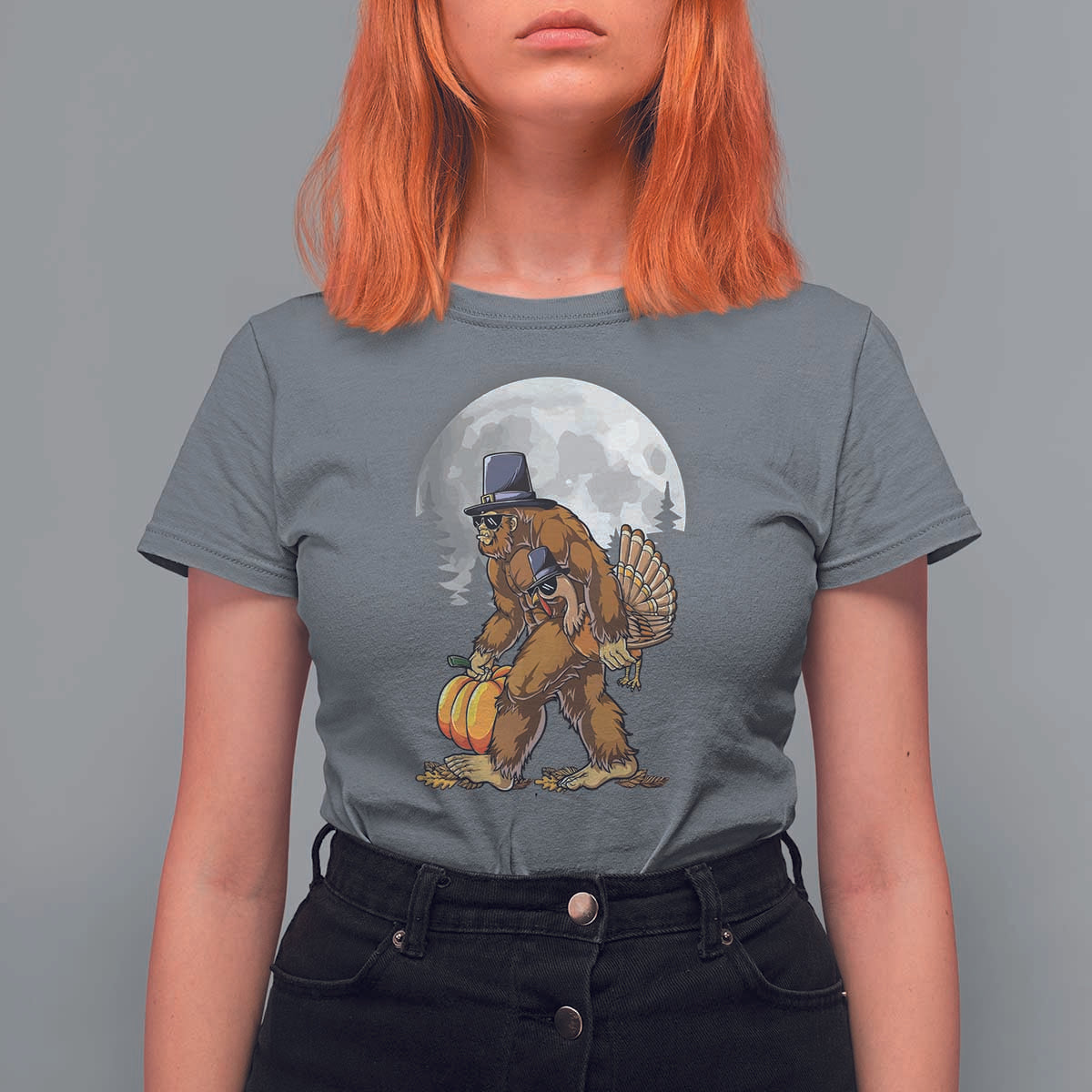Bigfoot Pilgrim Turkey Pumpkin Thanksgiving Day T Shirt For Women Sasquatch - Wonder Print Shop