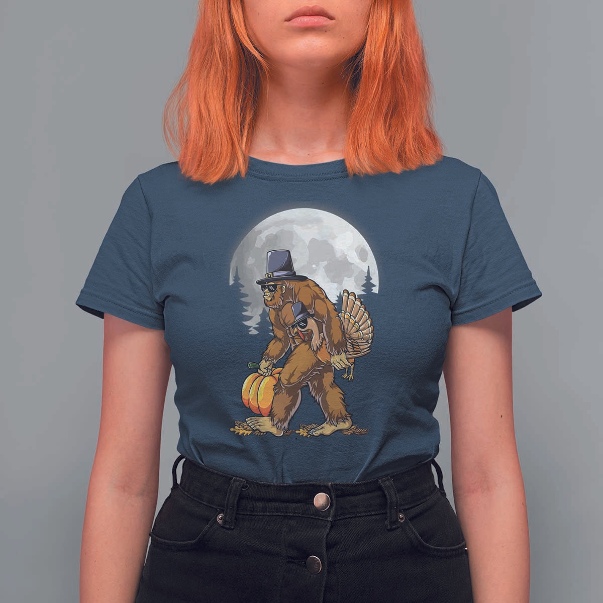 Bigfoot Pilgrim Turkey Pumpkin Thanksgiving Day T Shirt For Women Sasquatch - Wonder Print Shop