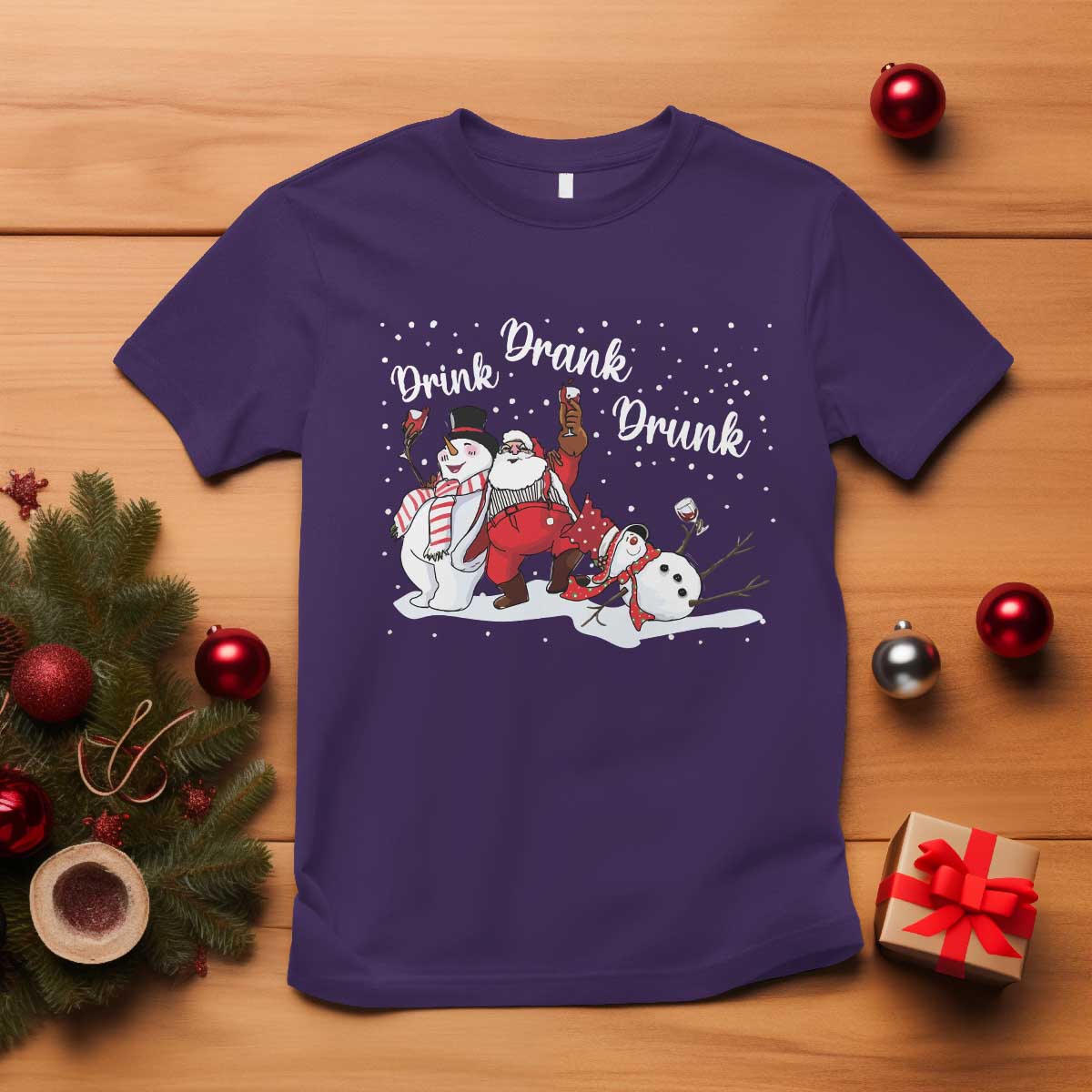 Funny Christmas Drinking T Shirt Xmas Party Drunk Santa Snowman Drinking Wine - Wonder Print Shop
