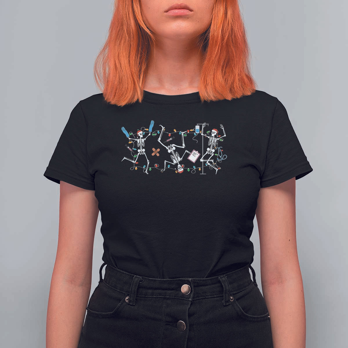 Skeleton Nurse Christmas T Shirt For Women Funny Hip Hop Dancing Registered Nurse Xmas Lights - Wonder Print Shop