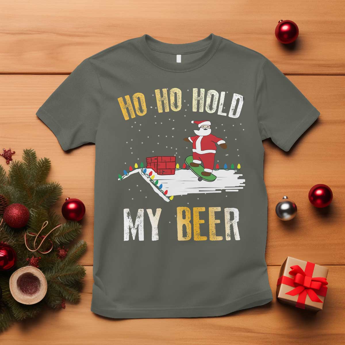 Christmas Beer T Shirt Funny Santa Ho Ho Hold My Beer Skateboard Roof - Wonder Print Shop