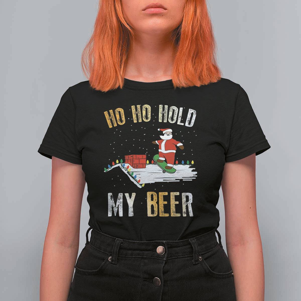 Christmas Beer T Shirt For Women Funny Santa Ho Ho Hold My Beer Skateboard Roof - Wonder Print Shop