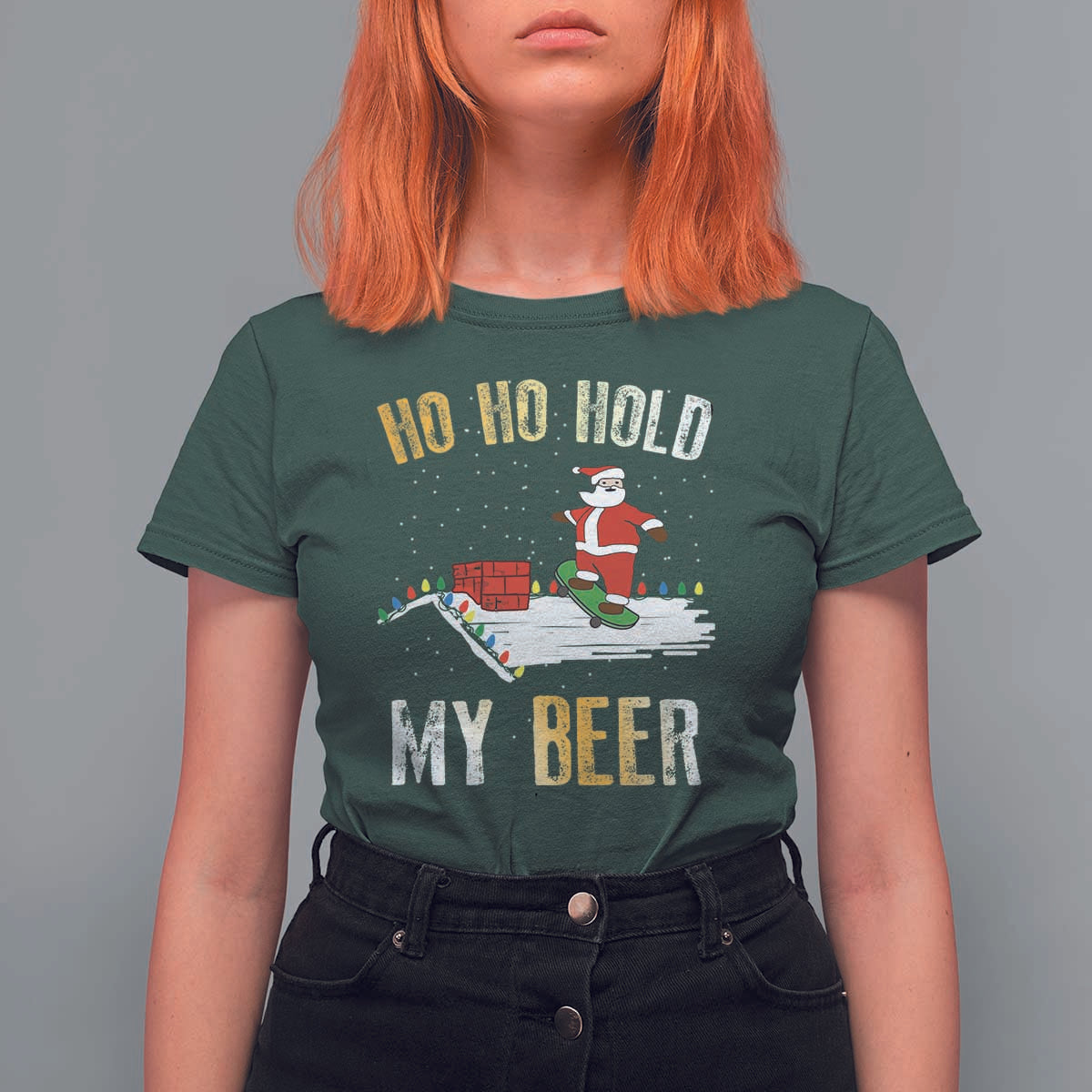 Christmas Beer T Shirt For Women Funny Santa Ho Ho Hold My Beer Skateboard Roof - Wonder Print Shop