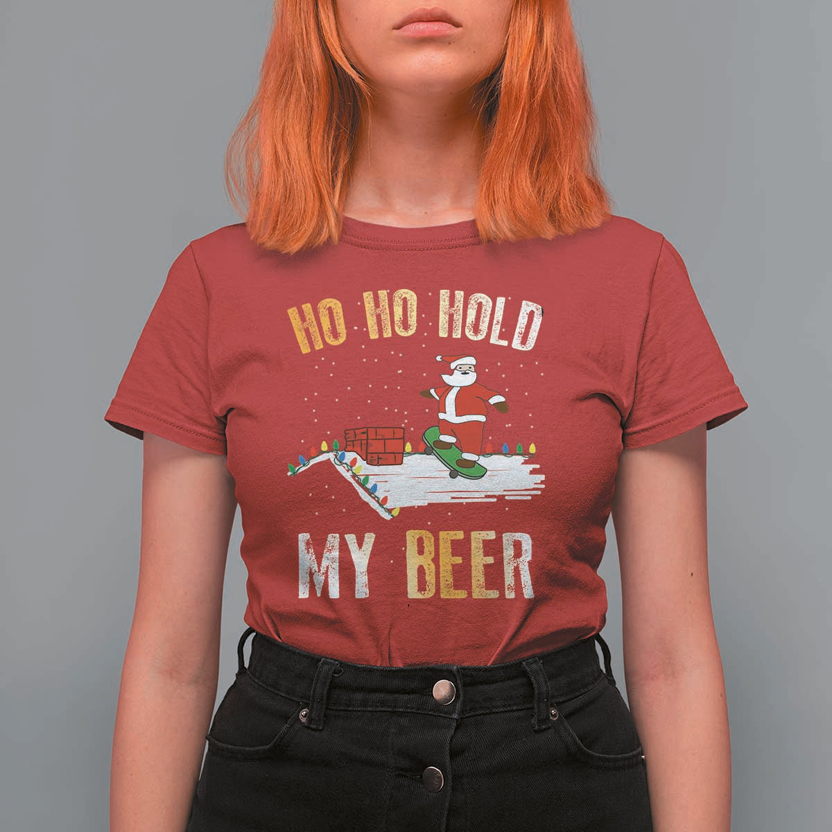 Christmas Beer T Shirt For Women Funny Santa Ho Ho Hold My Beer Skateboard Roof - Wonder Print Shop