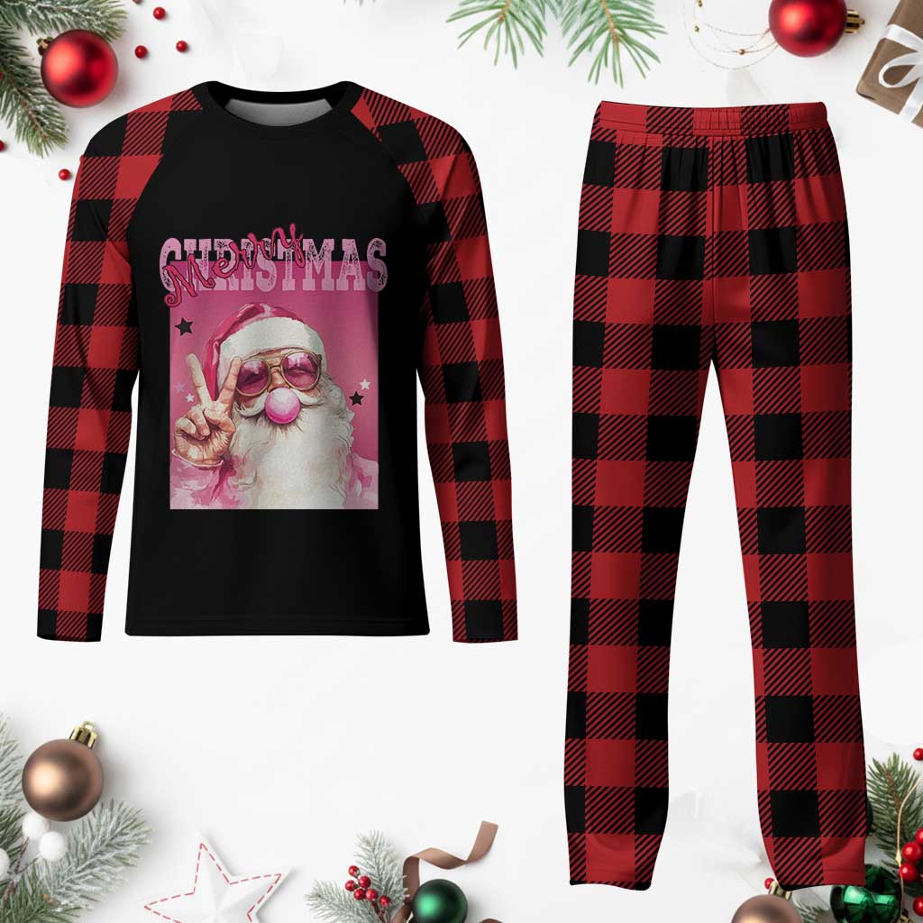 Pink Santa Retro Christmas Plaid Pajama Set Blowing Bubble Pink Xmas Matching Family Group Party - Wonder Print Shop