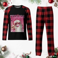 Pink Santa Retro Christmas Plaid Pajama Set Blowing Bubble Pink Xmas Matching Family Group Party - Wonder Print Shop