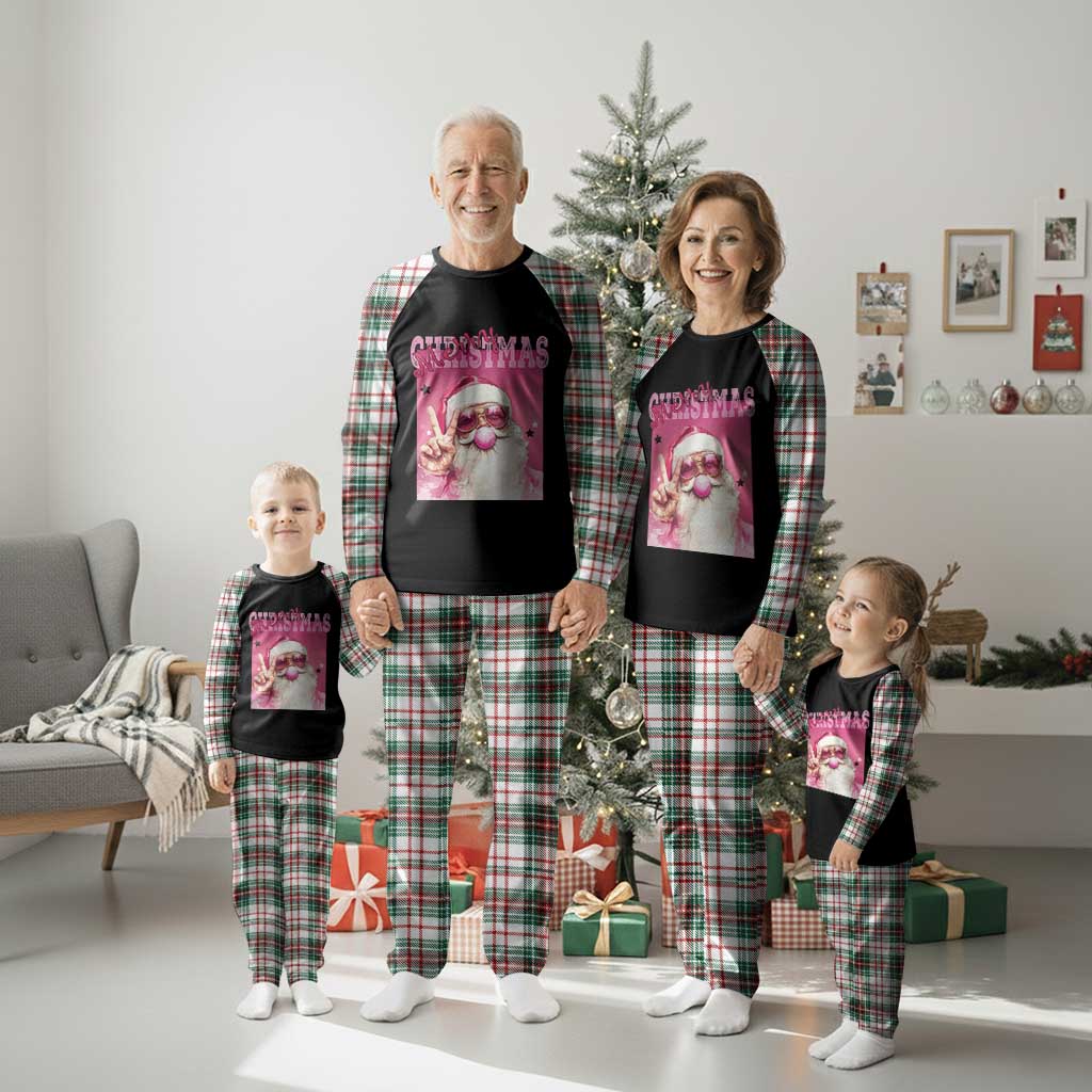 Pink Santa Retro Christmas Plaid Pajama Set Blowing Bubble Pink Xmas Matching Family Group Party - Wonder Print Shop