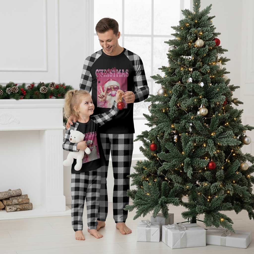 Pink Santa Retro Christmas Plaid Pajama Set Blowing Bubble Pink Xmas Matching Family Group Party - Wonder Print Shop