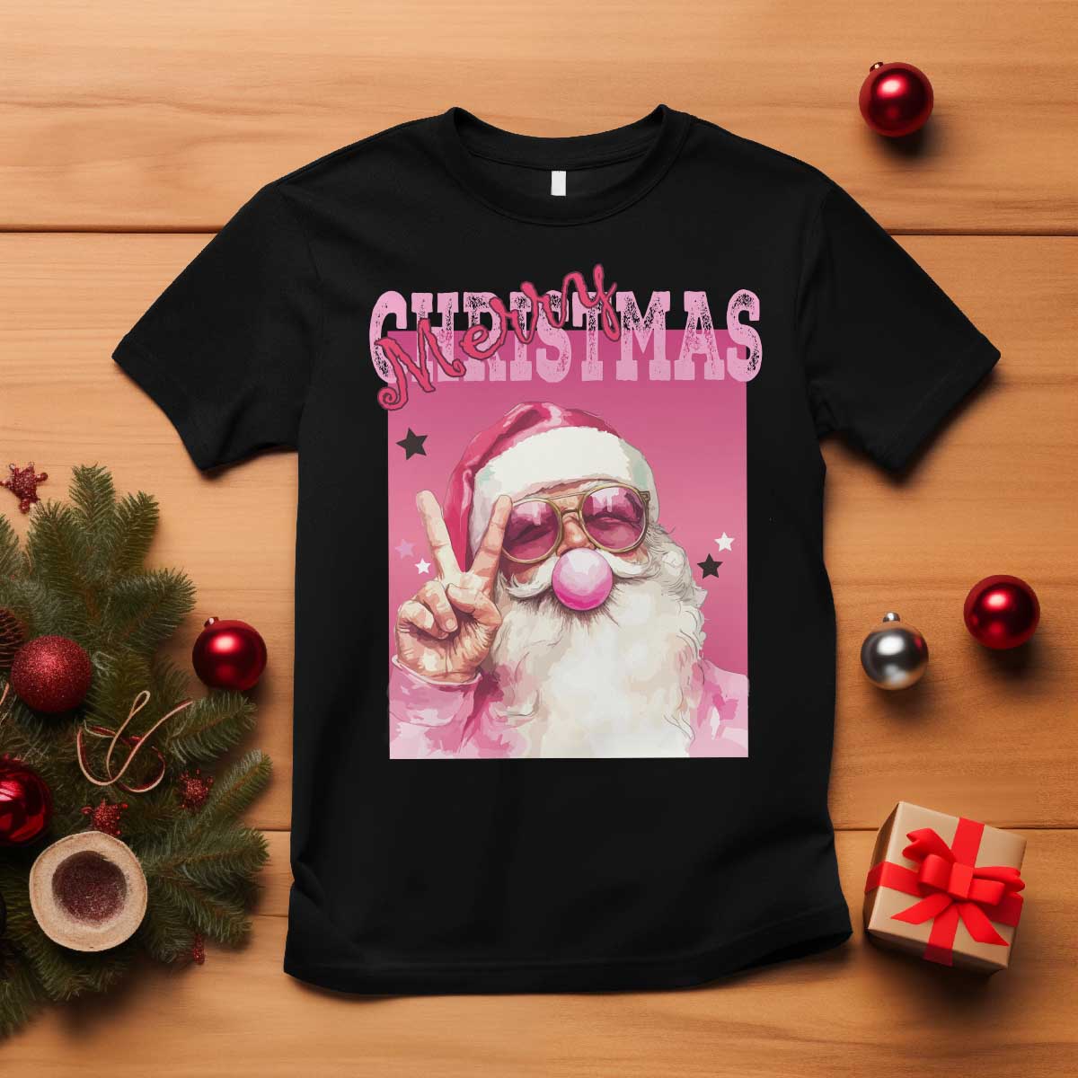 Pink Santa Retro Christmas T Shirt Blowing Bubble Pink Xmas Matching Family Group Party - Wonder Print Shop