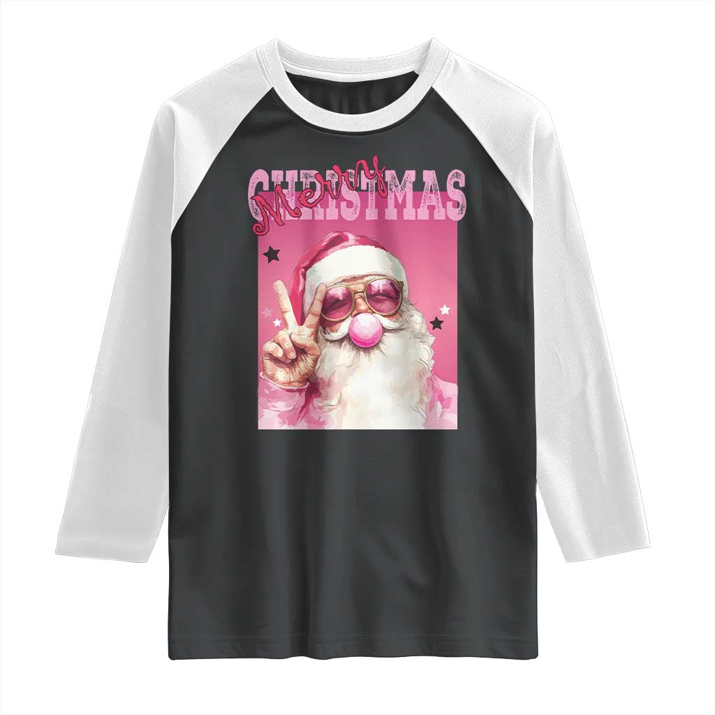 Pink Santa Retro Christmas Raglan Shirt Blowing Bubble Pink Xmas Matching Family Group Party