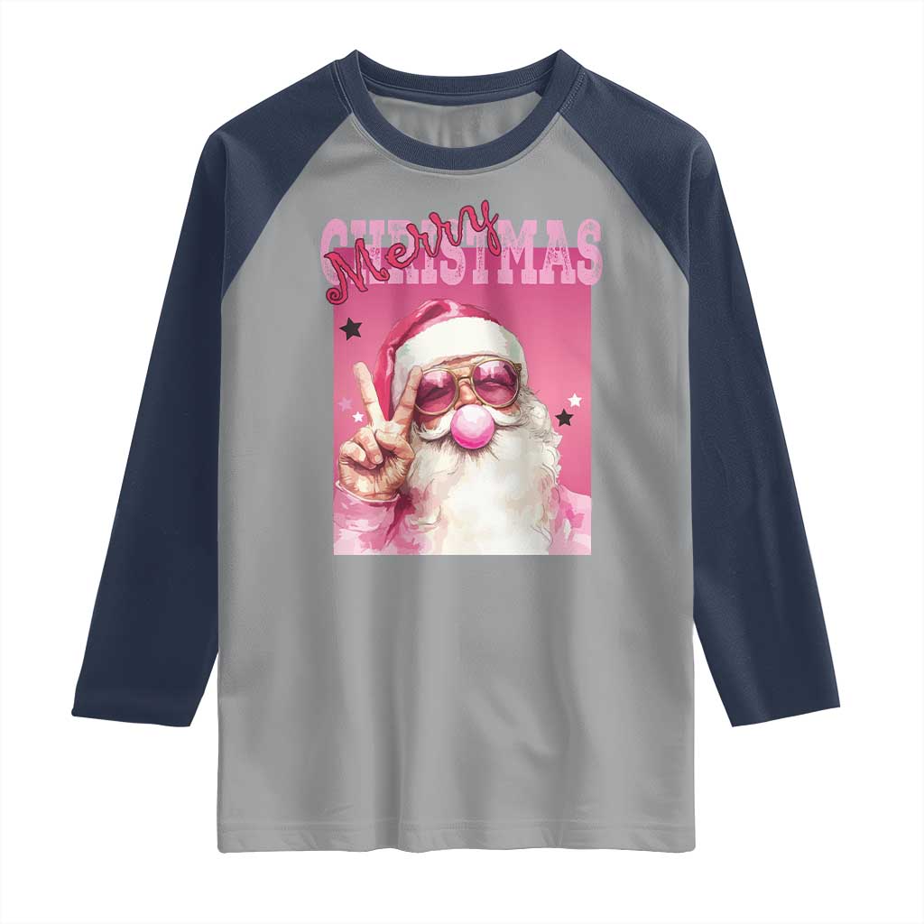 Pink Santa Retro Christmas Raglan Shirt Blowing Bubble Pink Xmas Matching Family Group Party