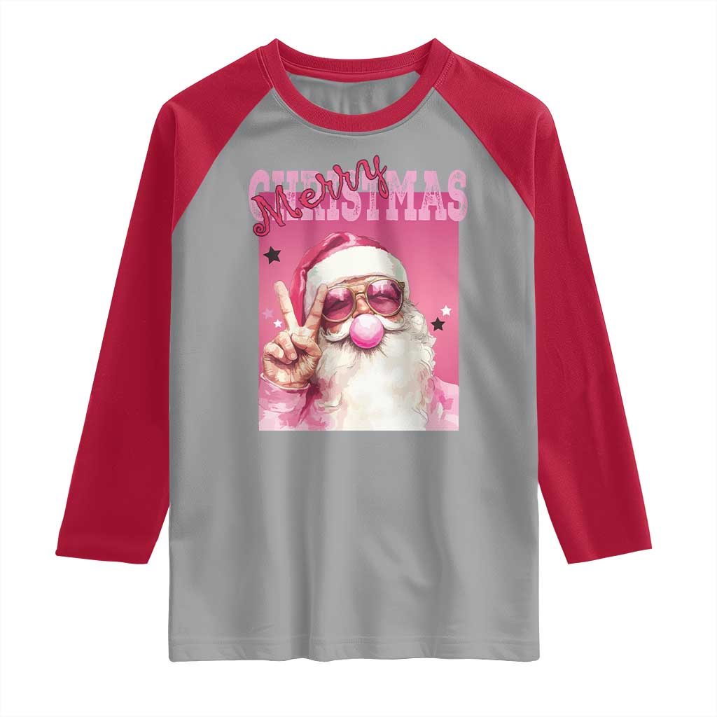 Pink Santa Retro Christmas Raglan Shirt Blowing Bubble Pink Xmas Matching Family Group Party