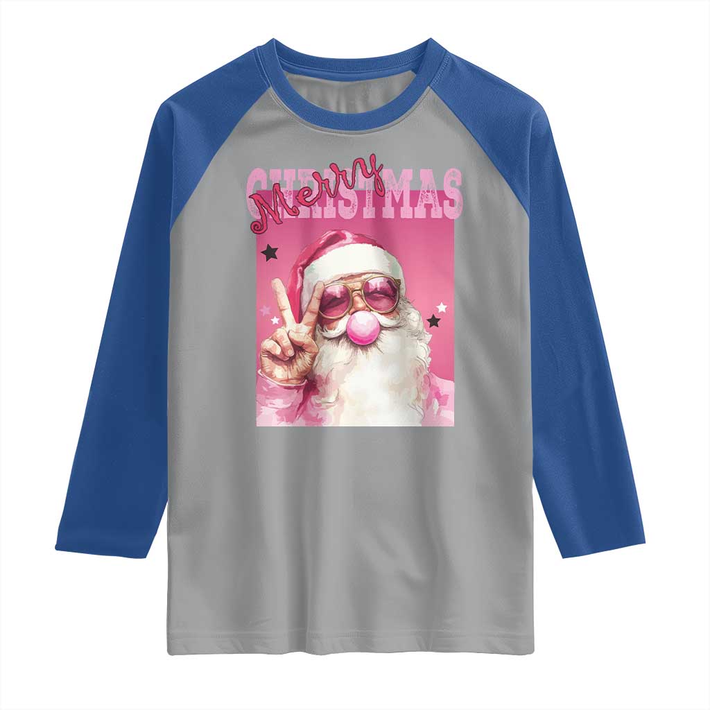 Pink Santa Retro Christmas Raglan Shirt Blowing Bubble Pink Xmas Matching Family Group Party