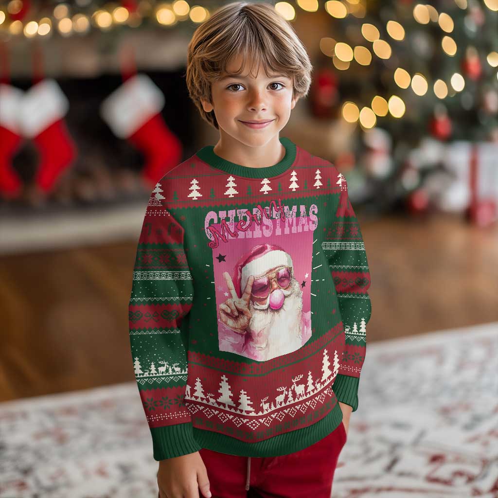 Pink Santa Retro Christmas Ugly Christmas Sweater Blowing Bubble Pink Xmas Matching Family Group Party - Wonder Print Shop