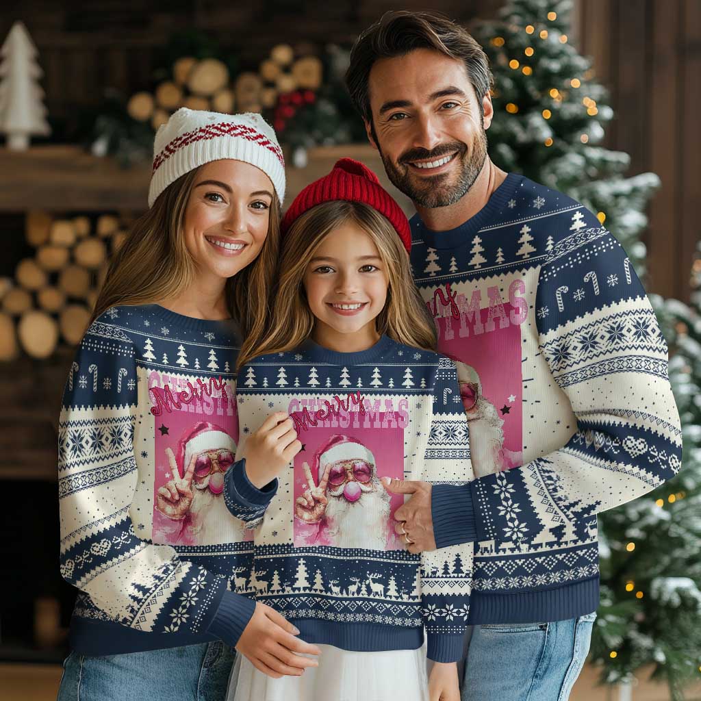 Pink Santa Retro Christmas Ugly Christmas Sweater Blowing Bubble Pink Xmas Matching Family Group Party - Wonder Print Shop