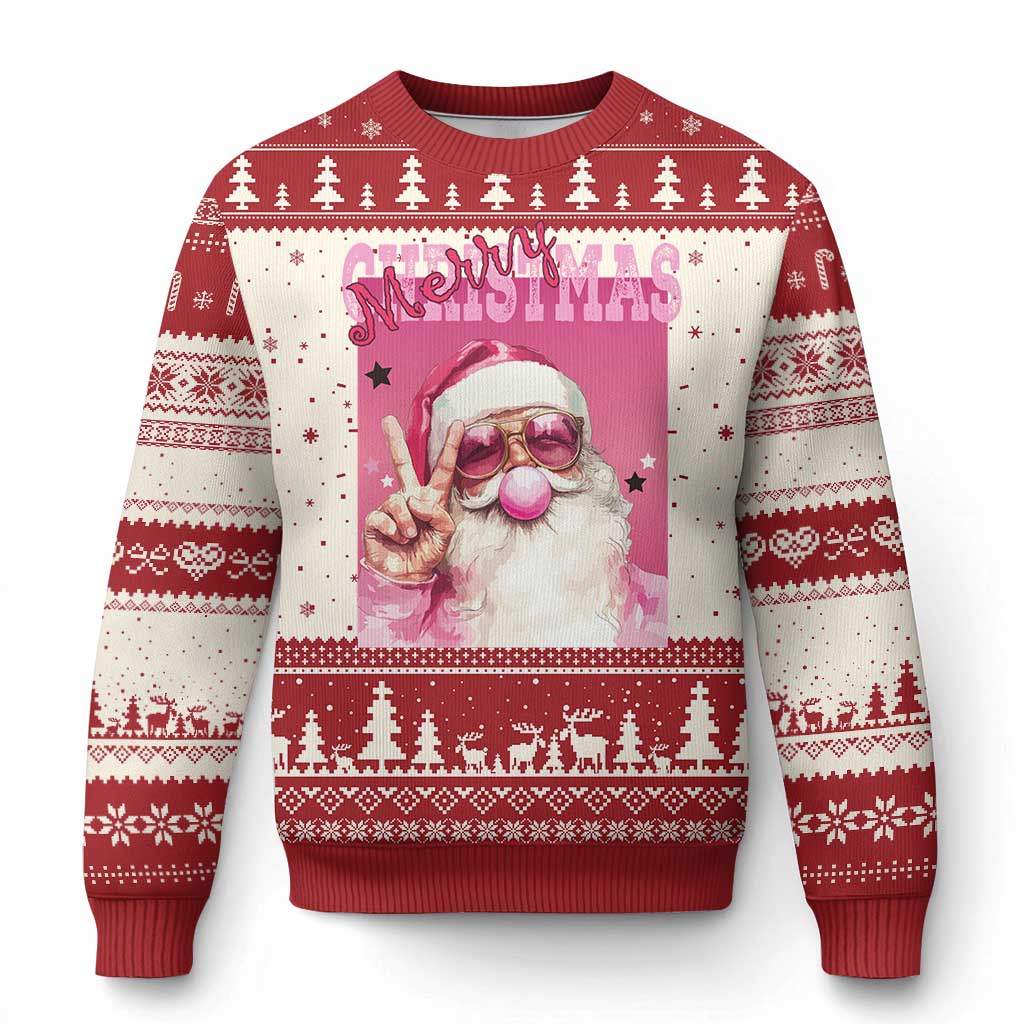 Pink Santa Retro Christmas Ugly Christmas Sweater Blowing Bubble Pink Xmas Matching Family Group Party - Wonder Print Shop