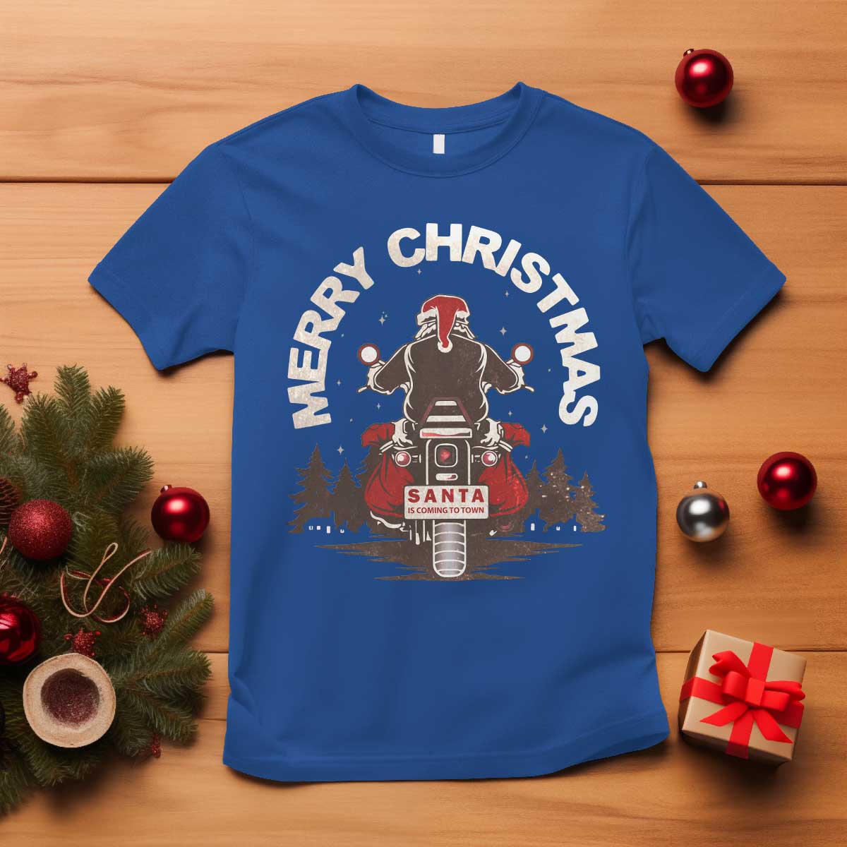 Motorcycle Christmas T Shirt Santa Riding to Town Merry Xmas - Wonder Print Shop